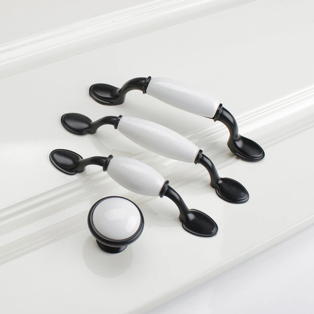 1 шт. черно-белые керамические дверные ручки в стиле кантри, ручки для выдвижных ящиков, ручки для кухонного шкафа и ручки для мебели