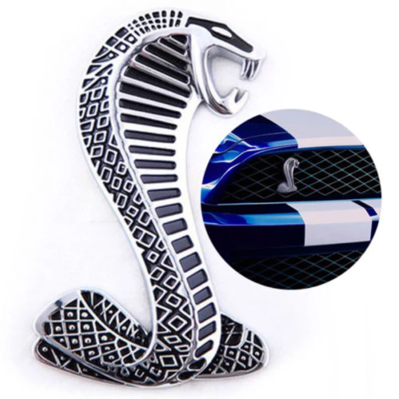 3D Cobra Shelby Snake Front Auto Metal Grill Fender Truck Emblem Decals Badge w/Installation Bracket For Ford Mustang GT SVT Silver