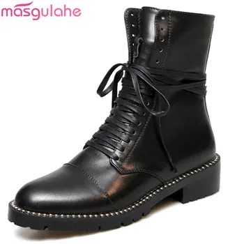 

Masgulahe black fashion ankle boots for women round toe zip genuine leather boots med heels ladies autumn winter boots ladies