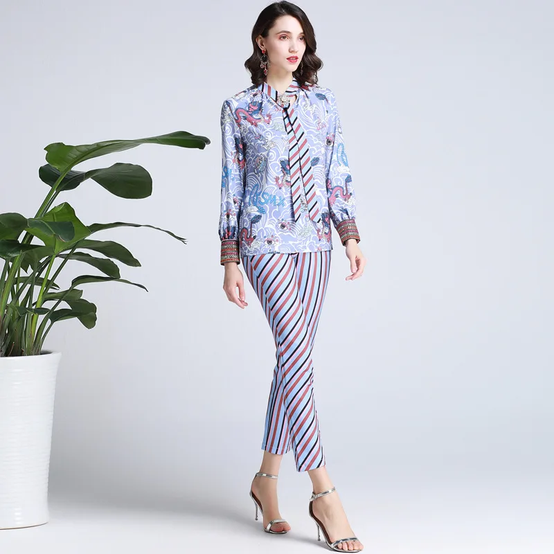 

Chic OL elegant 2 pieces set print bowtie long sleeves Shirt pencil pants Fashion women's pantsuit A240