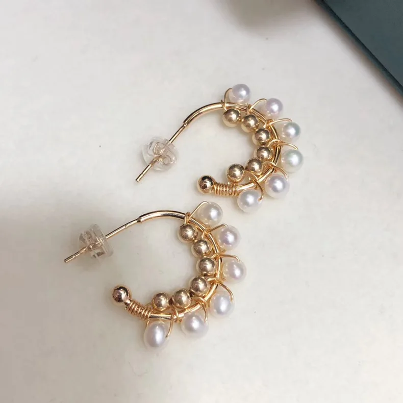 New Original Gold Handmade Freshwater Pearl Earrings Exquisite Small C Multi Bead Hoop Earrings Fashion