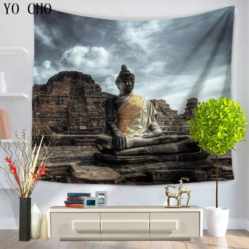 

YO CHO Buddha Wall Hanging Tapestry Polyester Bedspread Beach Towel Tablecloth Home Deco Lotus Floral Art Carpet Dorm Hanging