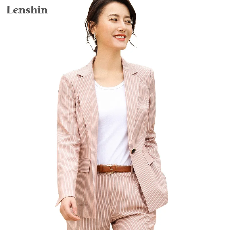 

Lenshin 2 Pieces one button set Formal Striped Pant Suit Office Lady Uniform Designs for Women Business Suits Work Wear