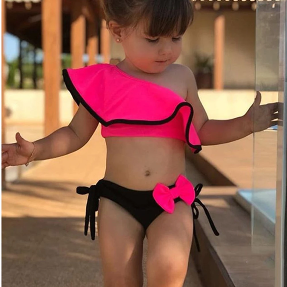 Shujin/Одежда для купания для маленьких девочек; Одноцветный купальный костюм с бантом и оборками; пляжный купальный костюм; одежда для купания для детей; костюм из двух предметов - Цвет: Pink 90 cm
