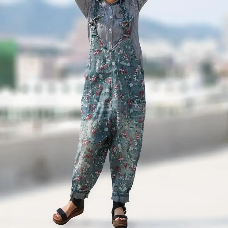 

#0312 Spring Autumn 2019 Floral Print Jeans Jumpsuits Straps Camisole Wide Leg Plus Size Loose Vintage Denim Overalls Ladies