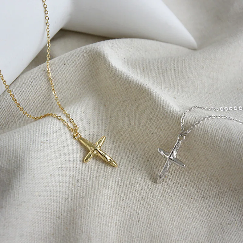 F.I.N.S Religious Style S925 Sterling Silver Necklace INS Korean Two-tone Irregular Concave Cross Female Necklace Clavicle Chain