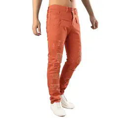 QMGOOD высокое качество повседневные Большие размеры мужские джинсы оранжевые тонкие Стрейчевые обтягивающие рваные джинсы мужские уличные