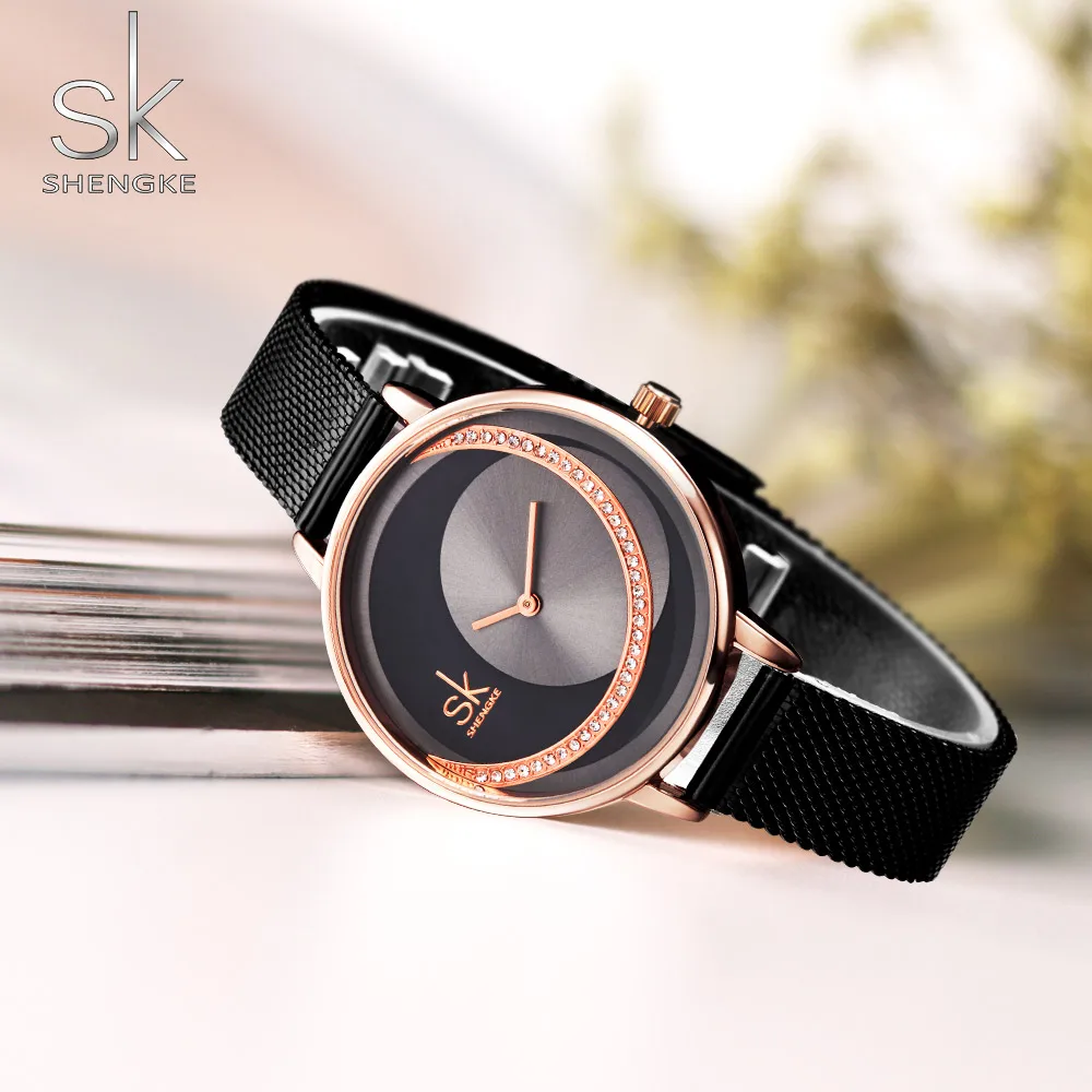 

SK Luxury Rose Gold Women Watches SHENGKE Brand Fashion Rhinestone Watch Elegant Unique Women's Watches Stainless Steel Clock
