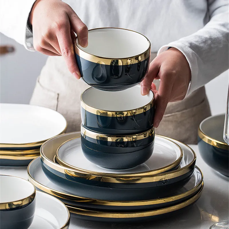 NIMITIME Европейский стиль Керамическая инкрустация чернил посуда набор тарелок Бытовая чаши для риса и супа миски Тарелка суповая ложка, столовые приборы