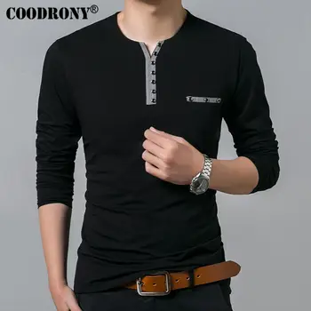 

Coodrony Cotton T Shirt Men Spring Autumn New Long Sleeve T-Shirt Men Henry Collar Tee Shirt Men Fashion Casual Tops 7617