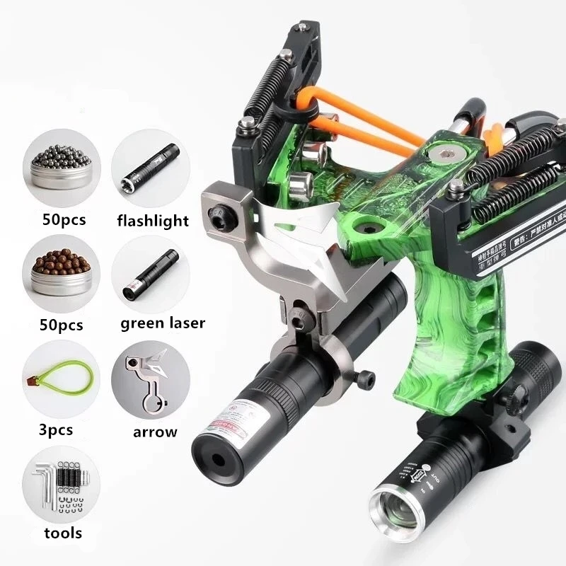 

Powerful Profesional Stainless Hunting Slingshot With Spring High Velocity Catapult Outdoor Slingshots Green Laser