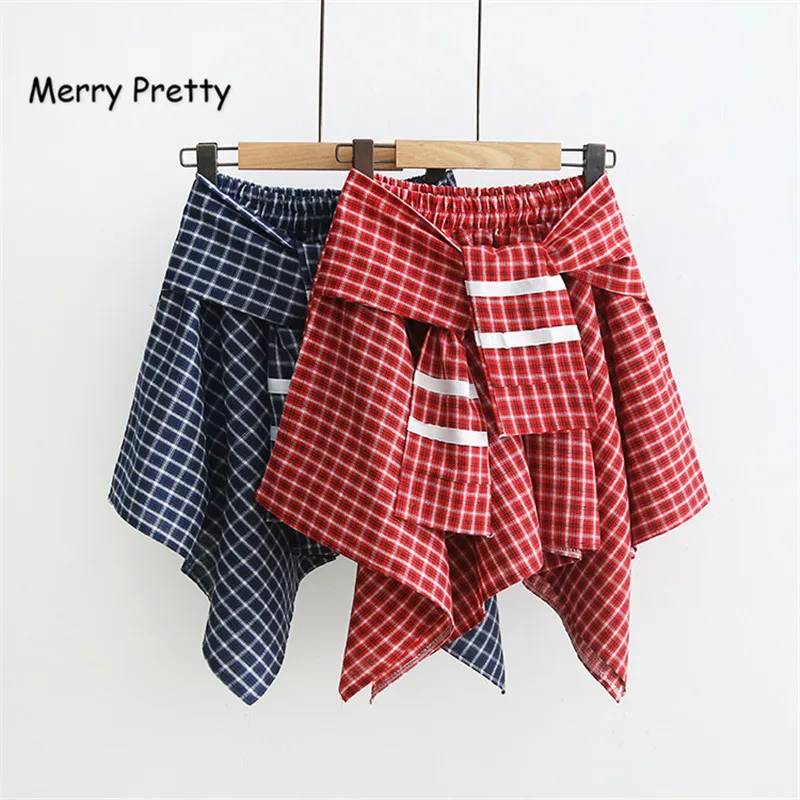 

Merry Pretty Casual Basic Fashion All Match Plaid Vintage Irregular High Waist College Wind New Fashion Female Women Mini Skirts
