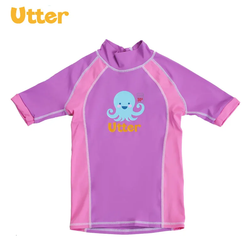 

UTTER Baby Girl Clothes Cartoon Printing Pink Short Sleeve T-shirt Swimwear Rash Guard for Children Beach Swimming Clothing