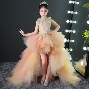 

2019 New High-low Flower Girls Dresses Lace Applique Beads pageant Princess dressr Kids Formal Custom Made First Communion Girl
