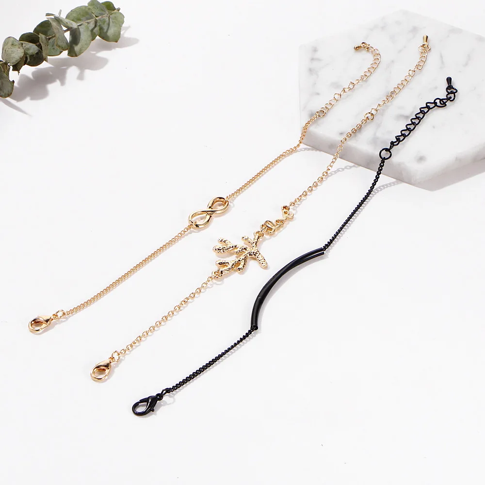 

3pcs/set Fashion Simple Leaf 8 Word Charm Bracelets for Women Gold Black Link Chain Bracelet Women Jewelry Party Gifts