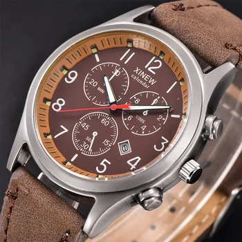 

Wholesale Men Watches XINEW Brand Military Date Calendar Suede Leather Luminous Cheap Casual Quartz Watch Relogio Masculino 2018