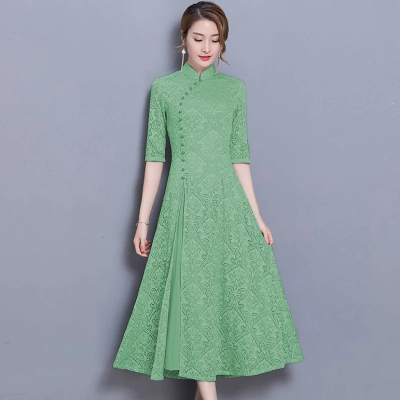 new vintage Lace Long dress women Summer Chinese Style A-Line dress Solid color Half sleeve Ankle-Length dress women