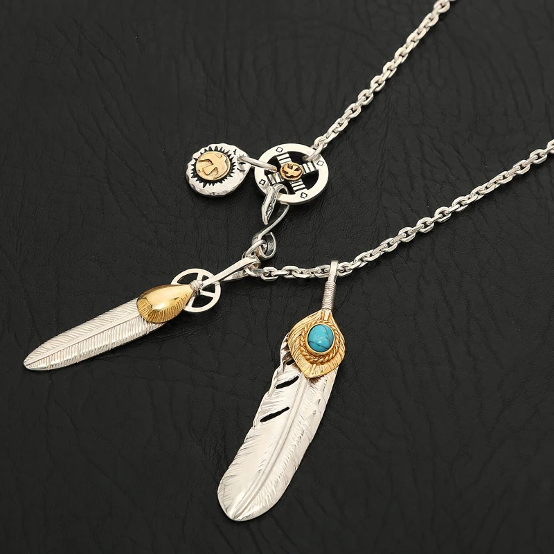 

925 Sterling Silver Pendant Necklaces Indian Feather Charm Vintage Long Chain For Unisex Fine Gift