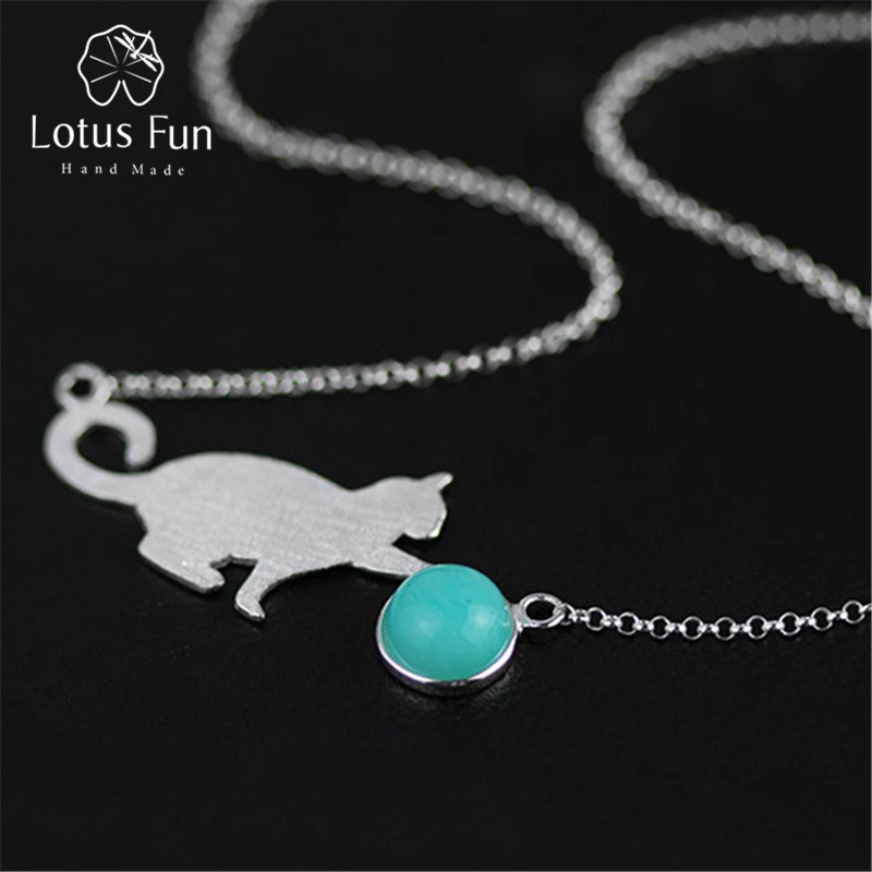 

Lotus Fun Real 925 Sterling Silver Natural Amazonite Handmade Fine Jewelry Playing Cat Necklace with Pendant for Women Collier