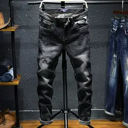 2018 модные уличные мужские джинсы черного цвета Slim Fit Белые потертые рваные джинсы для мужчин винтажные классические джинсы homme