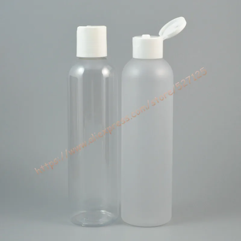 250ml clear/clear frosted PET bottle with white flip/disc plastic lid