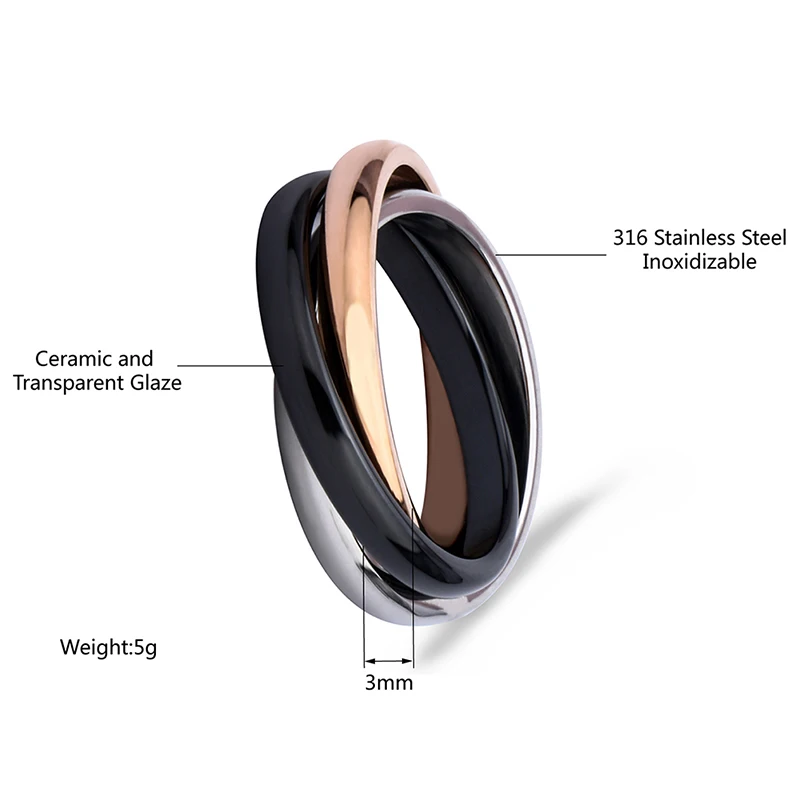 2018 Rose Gold Three Cross Ring Zirconia Fashion White Black Ceramic Rings Jewelry Vintage Ceramic Decorations for Women
