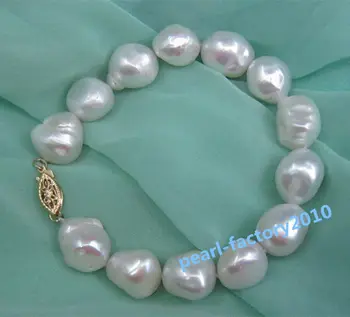 

NATURAL 12-13MM SOUTH SEA GENUINE baroque WHITE PEARL BRACELET 14K GOLD CLASP 42%
