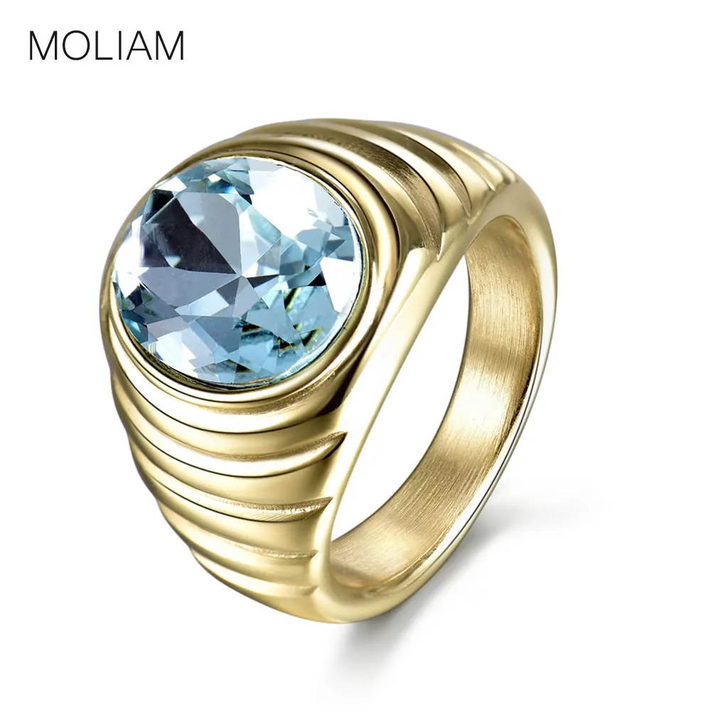 

MOLIAM Top Quality Engraved Stainless Steel Rings for Men Light Blue Stone Party Engagement Finger Ring New Arrival MLBR153