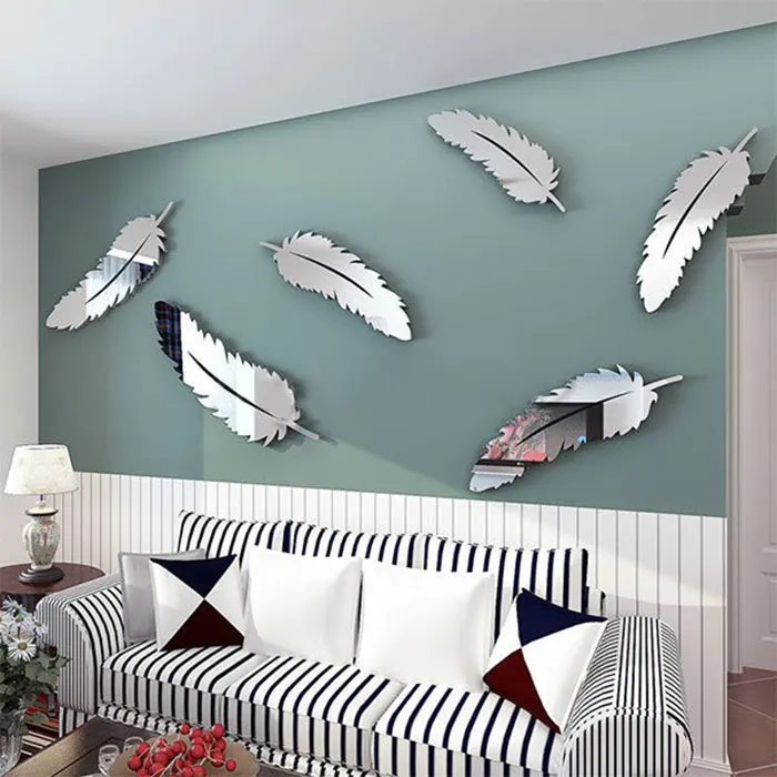 8 шт. перо 3D зеркальные настенные наклейки Home Decor Wall Art Наклейки на стены для детской комнаты Гостиная украшения настенные украшения - Цвет: Silver