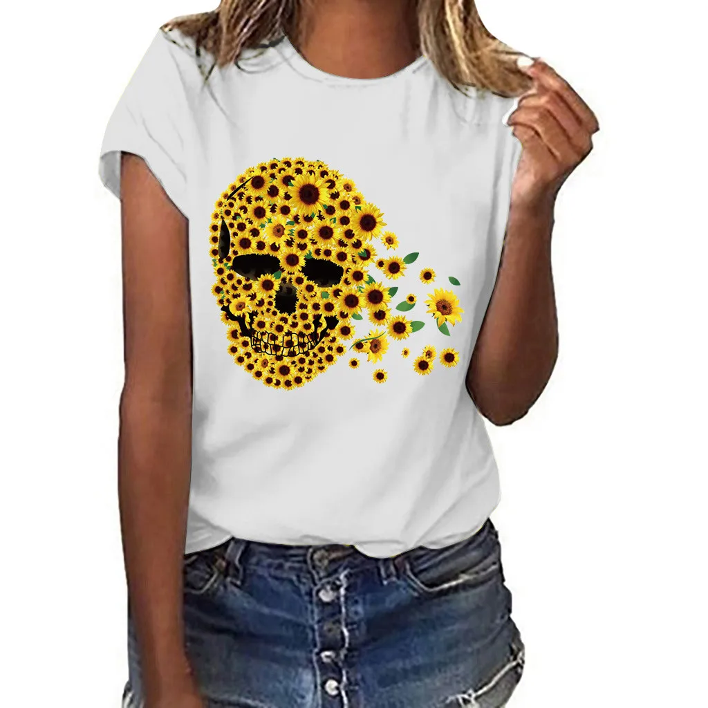 

Plus Size Women T Shirt Tops Female Short Sleeve Tshirt Korean Women Clothes Floral Skull Print T-shirt Women Tee Shirt Femme