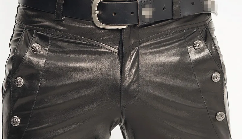 Высокое качество Брендовые мужские Новые полные брюки с заклепками прямые брюки мужские из натуральной кожи овчины тонкие Клубные