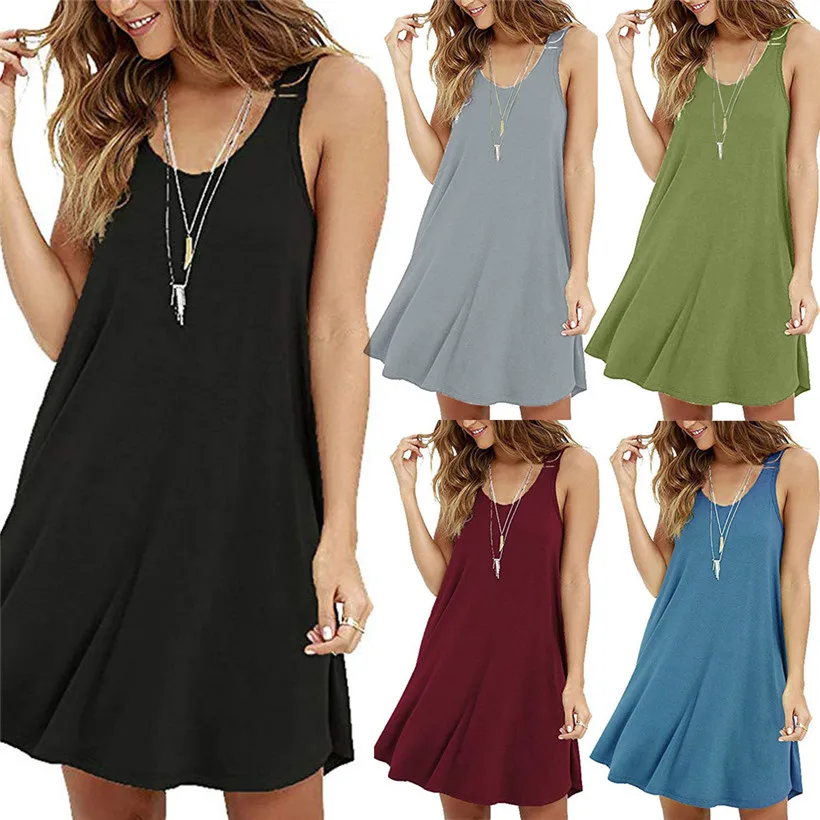 

Women's Casual Solid O-Neck Swing Simple Sleeveless T-Shirt Loose Camis Dress 0628