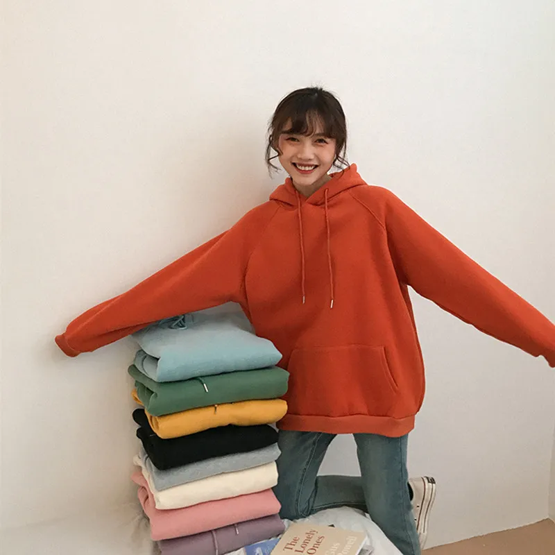  9 colors 2018 autumn and winter loose solid color long-sleeve pullover thick sweatshirts womens hoo