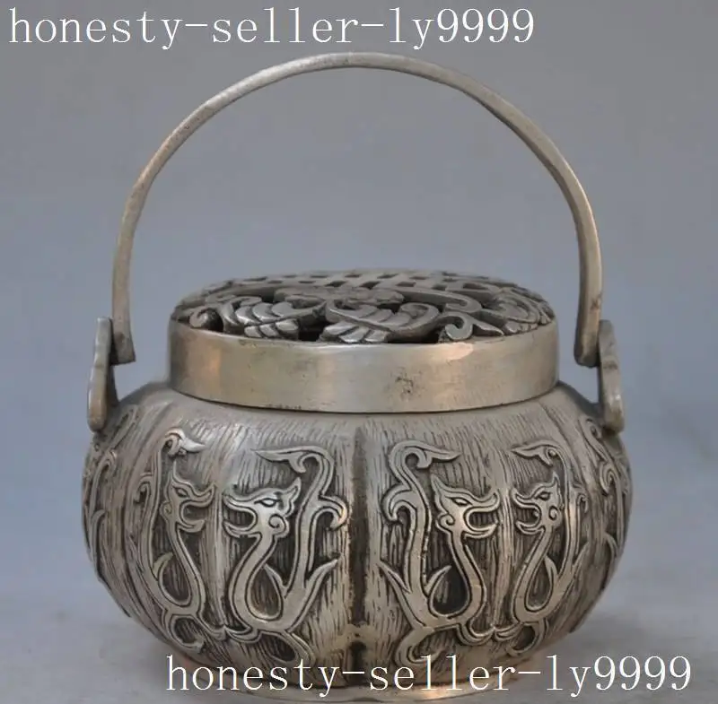 

Christmas old chinese fengshui tibet silver animal beast statue Roast Hand Warm Censer Halloween