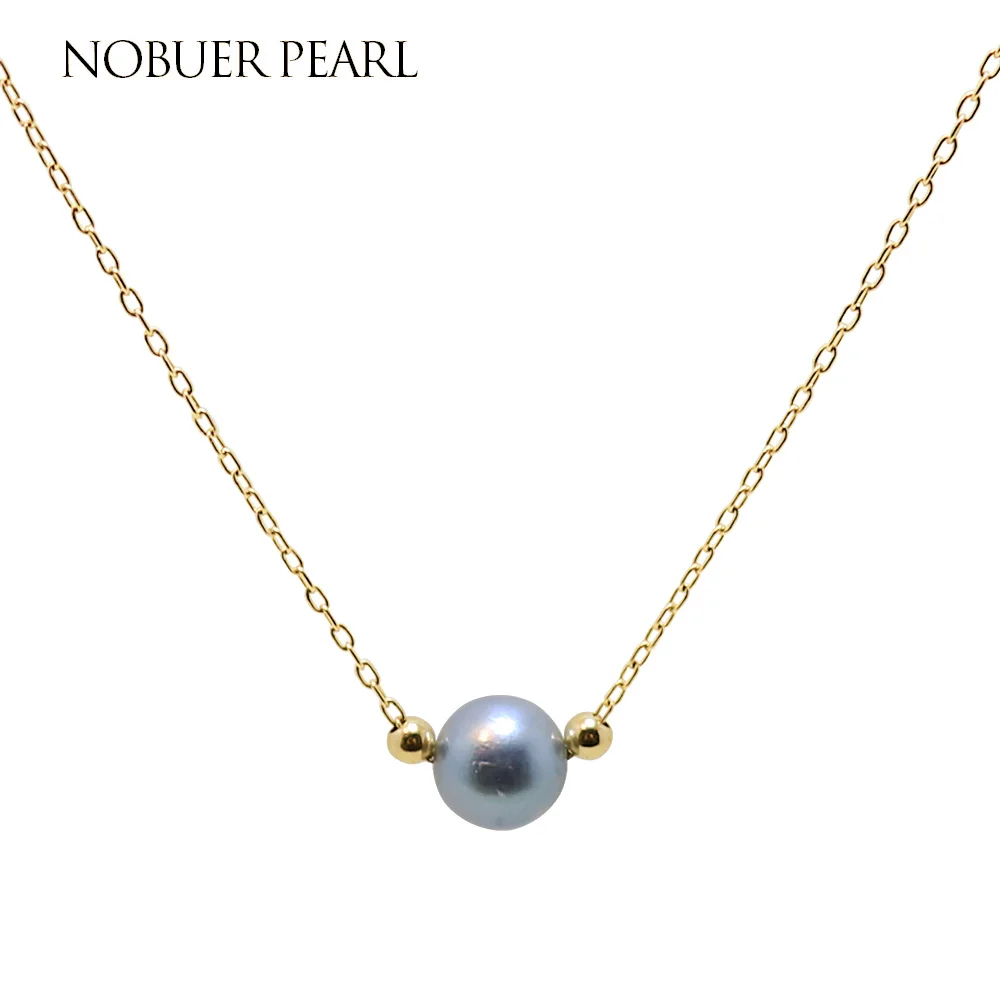 

Nobuer 14KGF Akoya Pearl Necklace Jewelry 6-7mm Grey Round Akoya Pearl Handmade Link Chain Necklace For Women To A Party