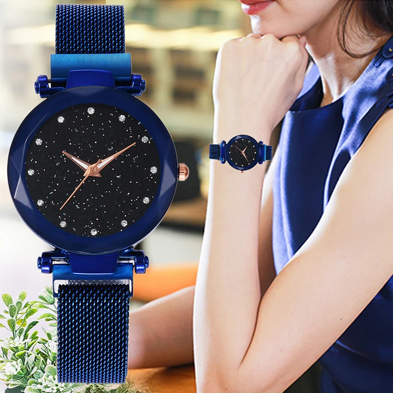 

Women Mesh Magnet Buckle Starry Sky Watch Luxury Fashion Ladies Geometric Surface Roman Numeral Quartz Watch Relogio Feminino