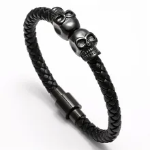 Famosa Marca Negro de Cuero Genuino Doble Skeleton Skull Charm Pulsera Para Hombres Regalo Imán de Punk Rock de La Joyería 2016 Nuevo Brazalete