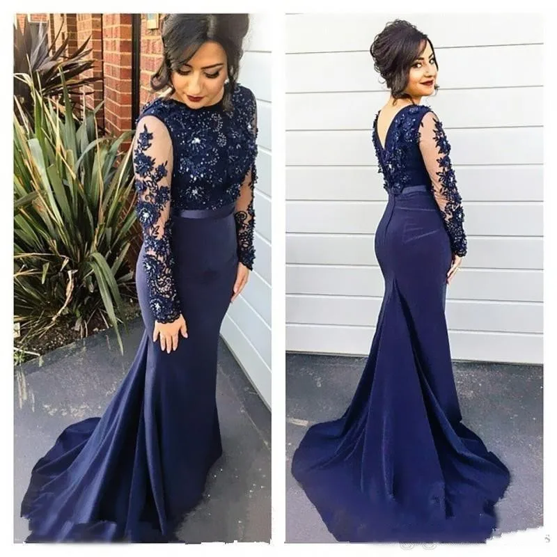 Navy Blue High Neck Lace Mermaid Party Gowns 2018 Long Sleeves Appliqued Evening Dresses Long Prom Dress vestido longo festa