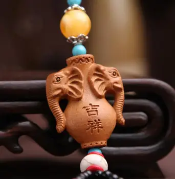 

Chinese Peach Wood Carved Auspicious Word Animal Double Elephant Exquisite Car Key Pendant Bag Pendant