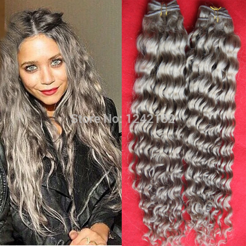 Gray Hair Extensions 100% Virgin Brazilian Deep Wave Curly Hair 2PCS