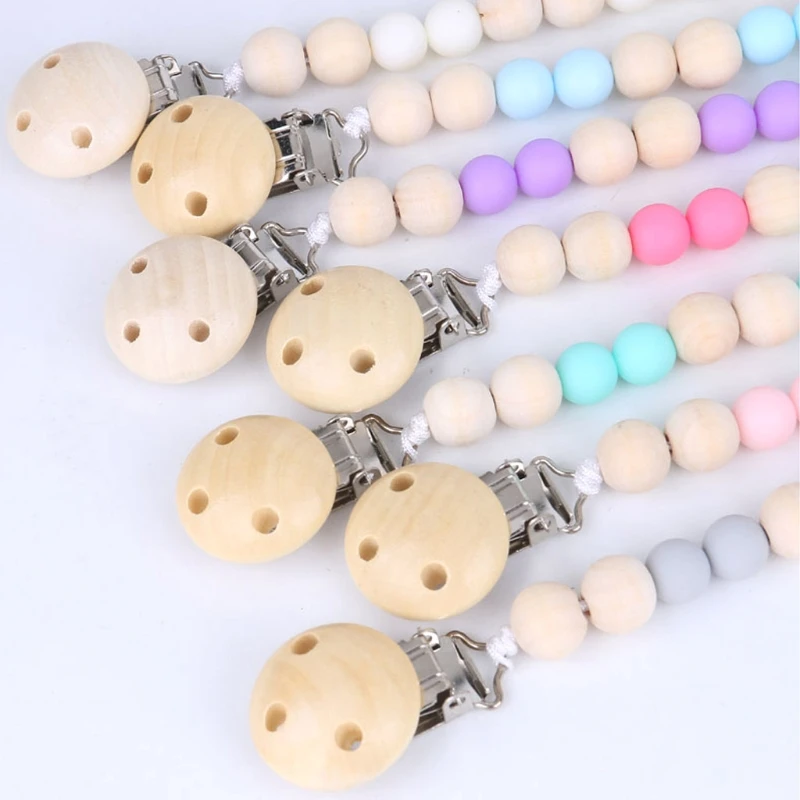 

Baby Pacifier Clip Natural Color Baby Pacifier Clips Round Wood Metal Soother Dummy Nipples Holders