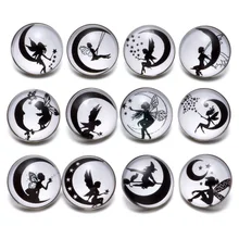 12pcs/lot Black&White Theme Moon& Fairy Pattern 18mm Snap Button Charms For 18mm Snaps Bracelet Snap Jewelry KZ0633