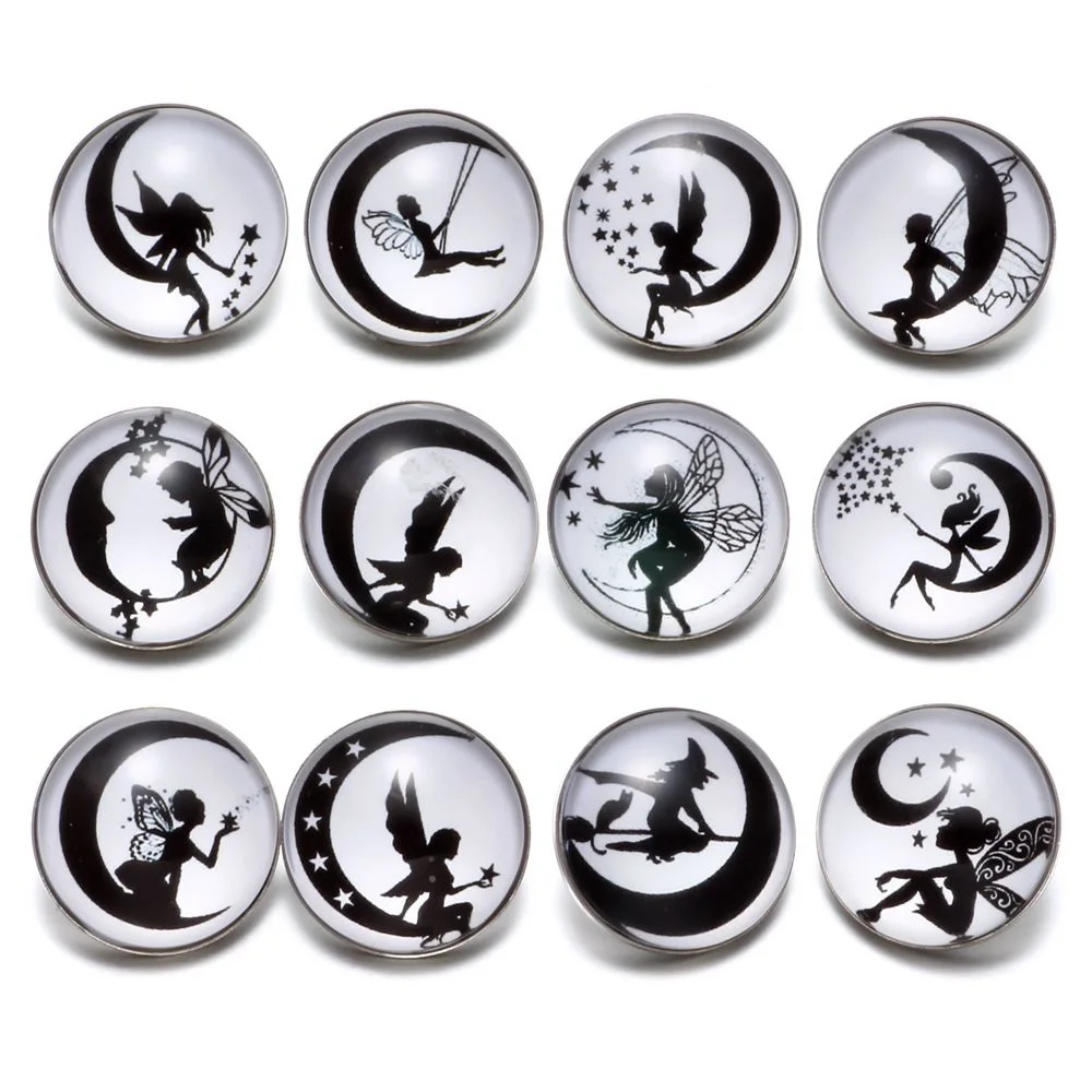 

12pcs/lot Black&White Theme Moon & Fairy Pattern 18mm Snap Button Charms For 18mm Snaps Bracelet Snap Jewelry KZ0633