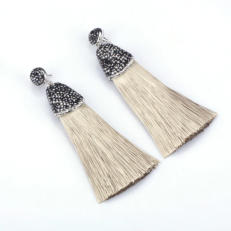 

Boho Earth Tone Tan Chunky Silk Thick Tassel with Blak Rhinestone Cap Charm Studs Top Long Dangle Tassel Earring For Women