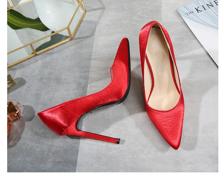 Fashion Satin Shallow Wedding Shoes Elegant Women Pumps Solid Flock Pointed Toe High Heels Shoes Plus size 35-46