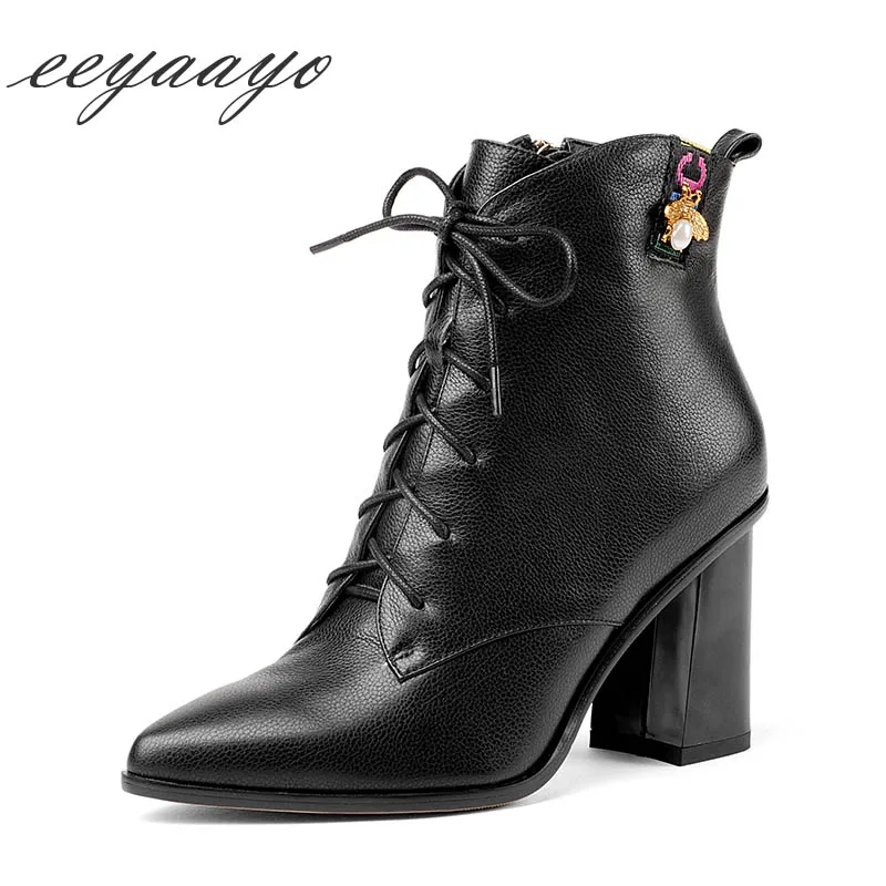 

2018 New Genuine Leather Winter Women Ankle Boots High Heel Pointed Toe Lace-Up Sexy Women Cow Leather Shoes Black Martin Boots