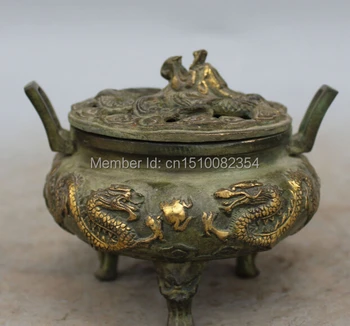 

5" Marked Chinese Dynasty Bronze Gilt Dragon Play Bead Incense Burner Censer