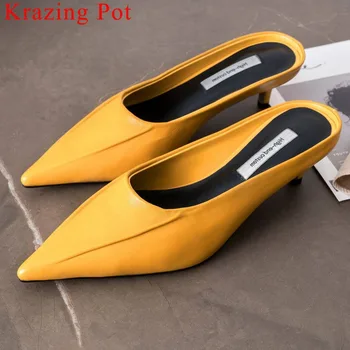 

Krazing Pot new arrival handmade luxury sheep leather kitten heels slip on mules Hollywood movie stars sexy lazy women pumps L58