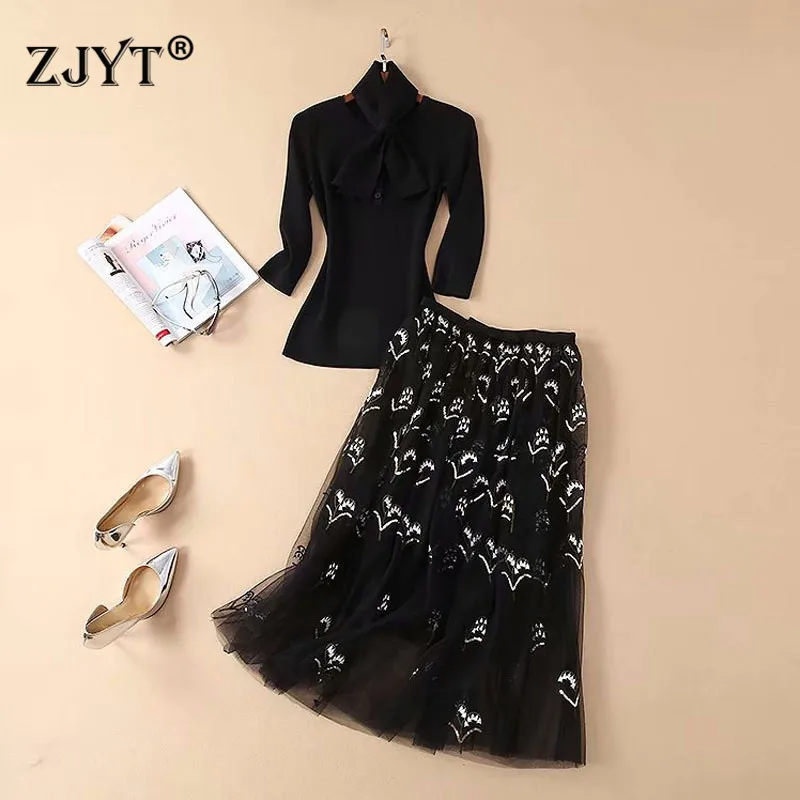 

High Quality Runway Suit 2Piece Set Women Fashion Designer Knitted Top and Sequined Tulle Skirt Set Autumn Casual Outfits