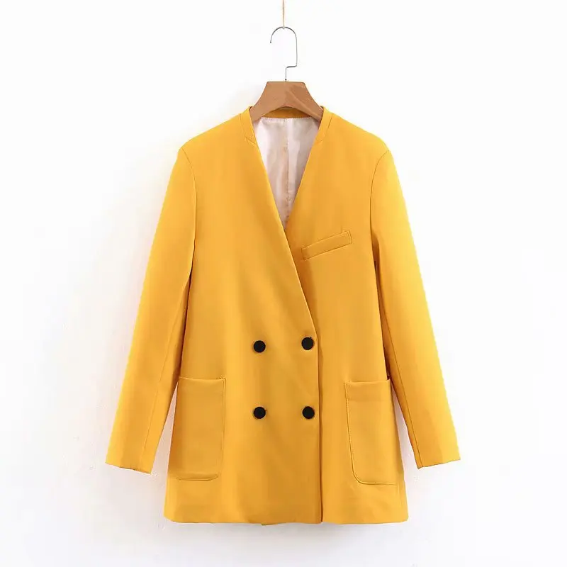 Весенний Блейзер, женский двубортный Длинный блейзер, офисный женский пиджак, женский желтый блейзер для отдыха, Свободное пальто, уличная одежда - Цвет: yellow